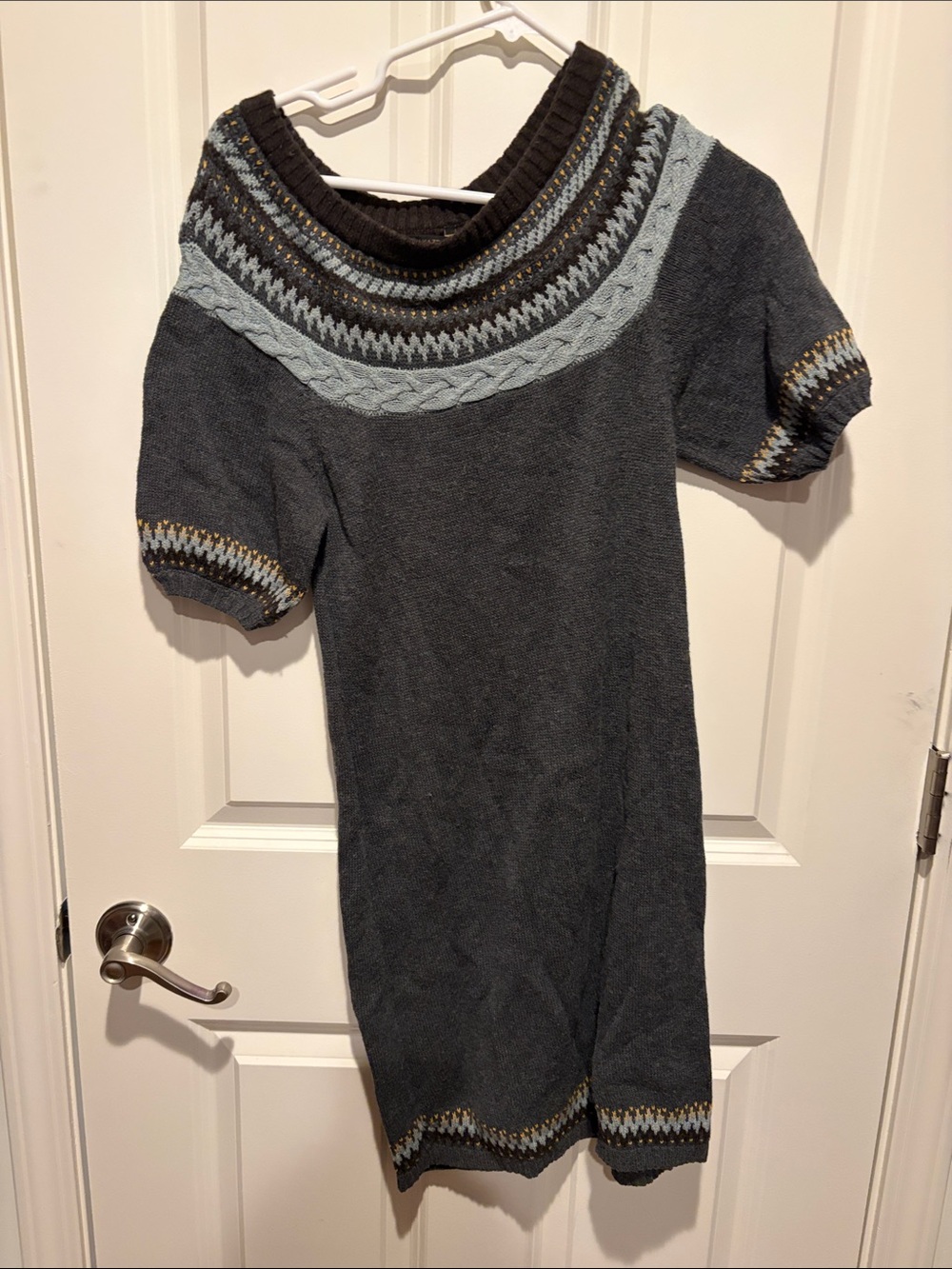 BCBG Gray Off-the-Shoulder Knit Dress with Light Blue Yoke